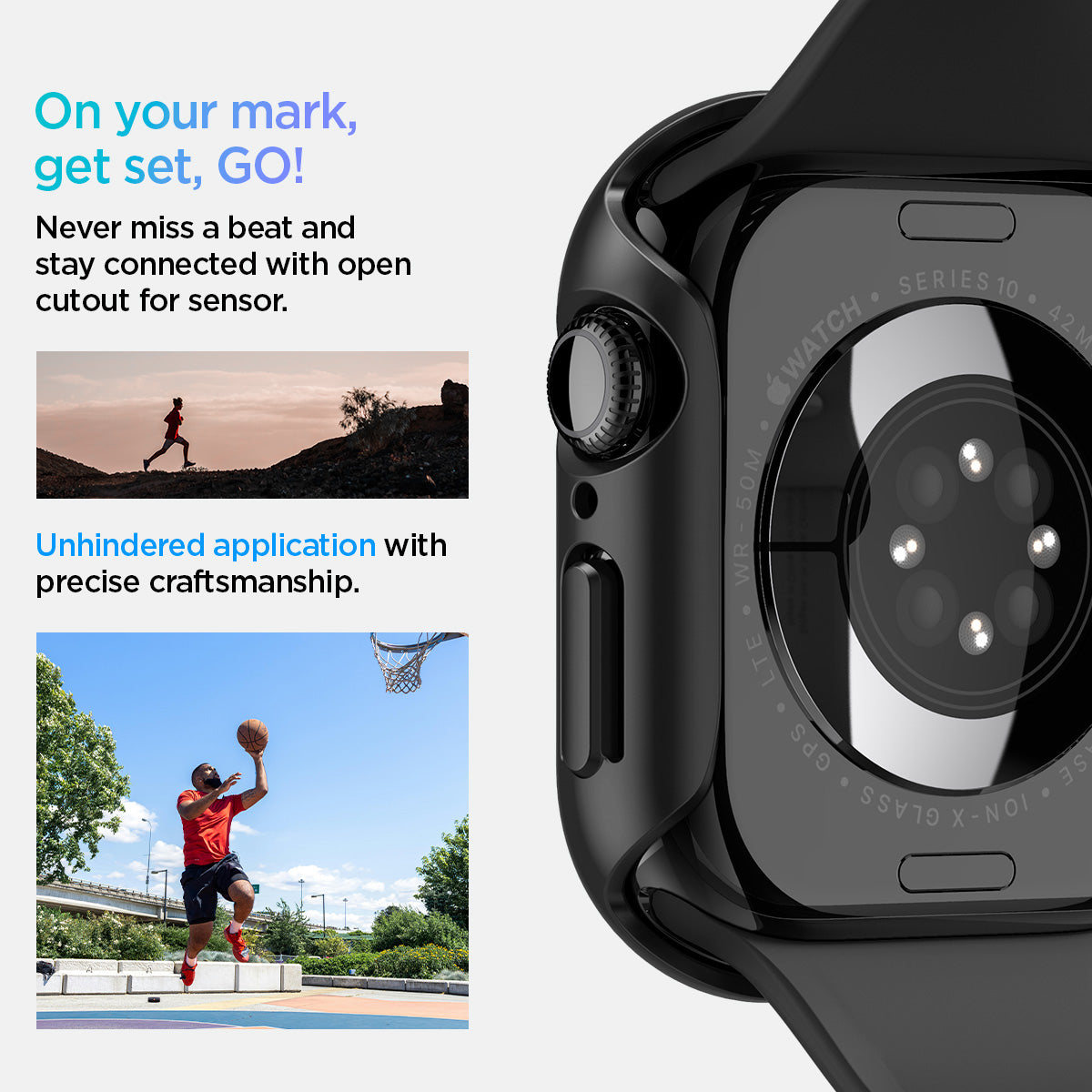 ACS08588 - Apple Watch 10 (42mm) Case Thin Fit in Black never miss a beat and stay connected with open cutout for the sensor. Write down On your mark, get set GO! Unhindered application with precise craftsmanship.