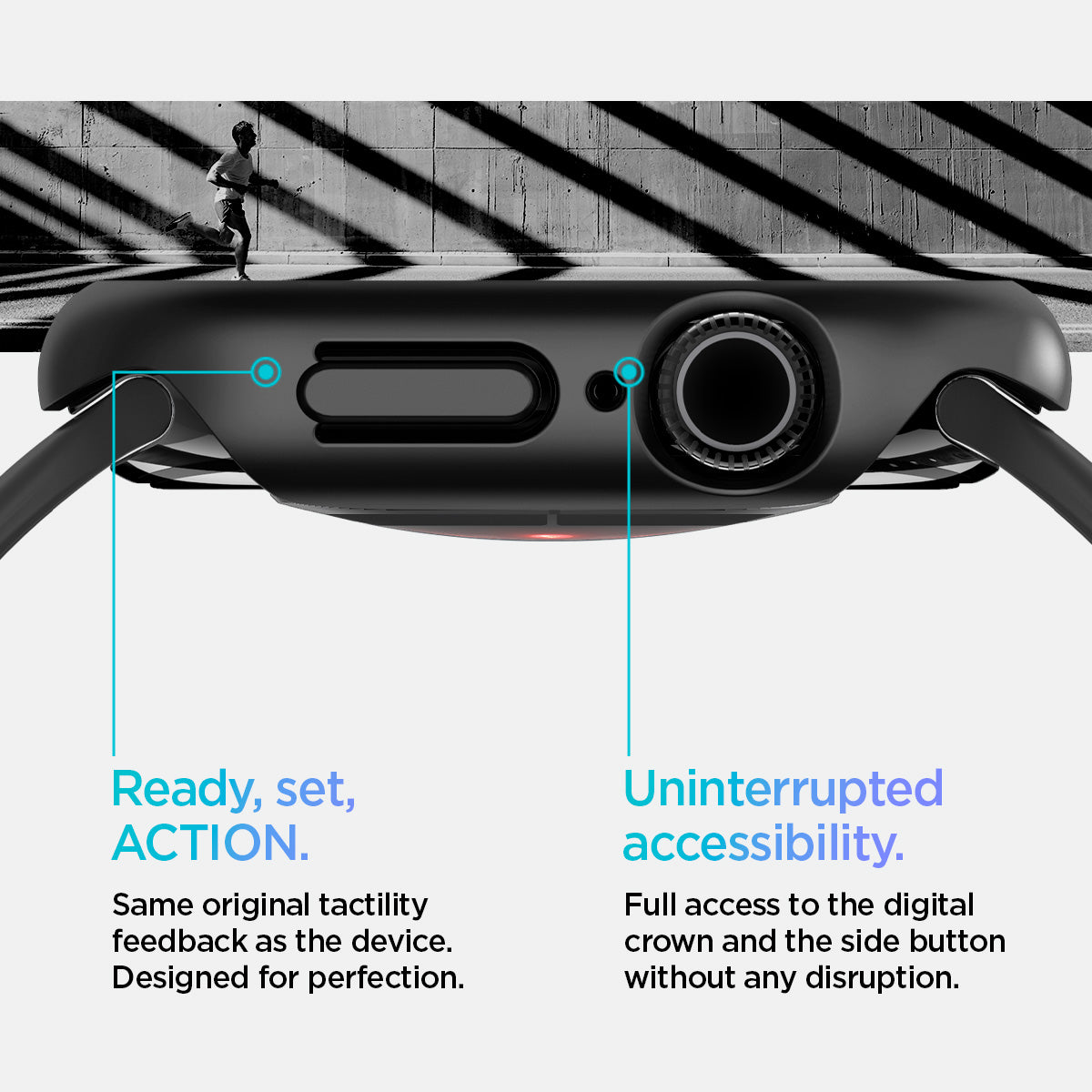ACS08601 - Apple Watch 10 (46mm) Case Thin Fit in Black same original tactility feedback as the device designed for perfection. Ready set action. Uninterrupted accessibility. Full access to the digital crown and the side button without any disruption.
