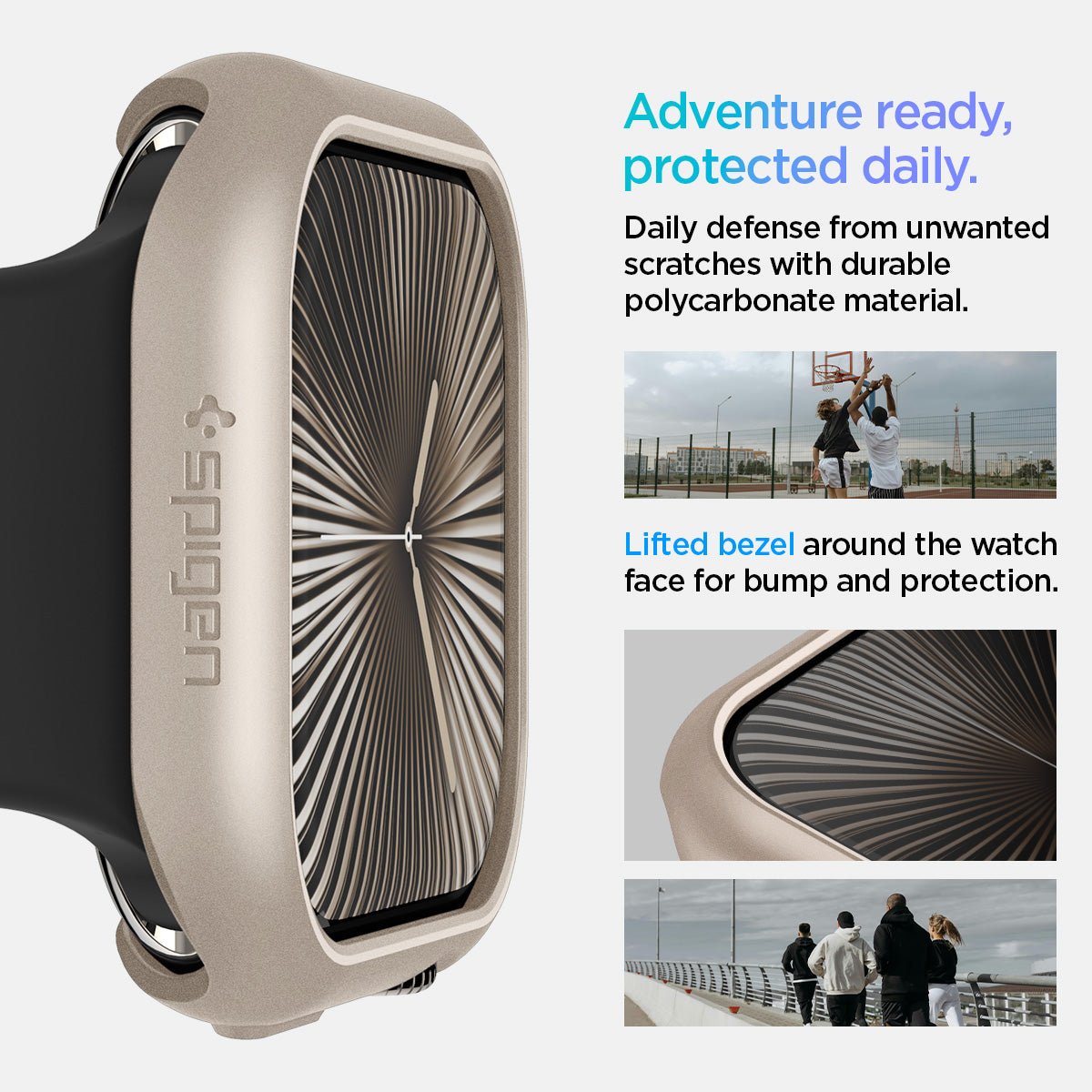 ACS08590 - Apple Watch 10 (42mm) Case Thin Fit in Starlight daily defense from unwanted scratches with durable polycarbonate material. Adventure ready, protected daily. Lifted bezel around the watch face for bump protection.