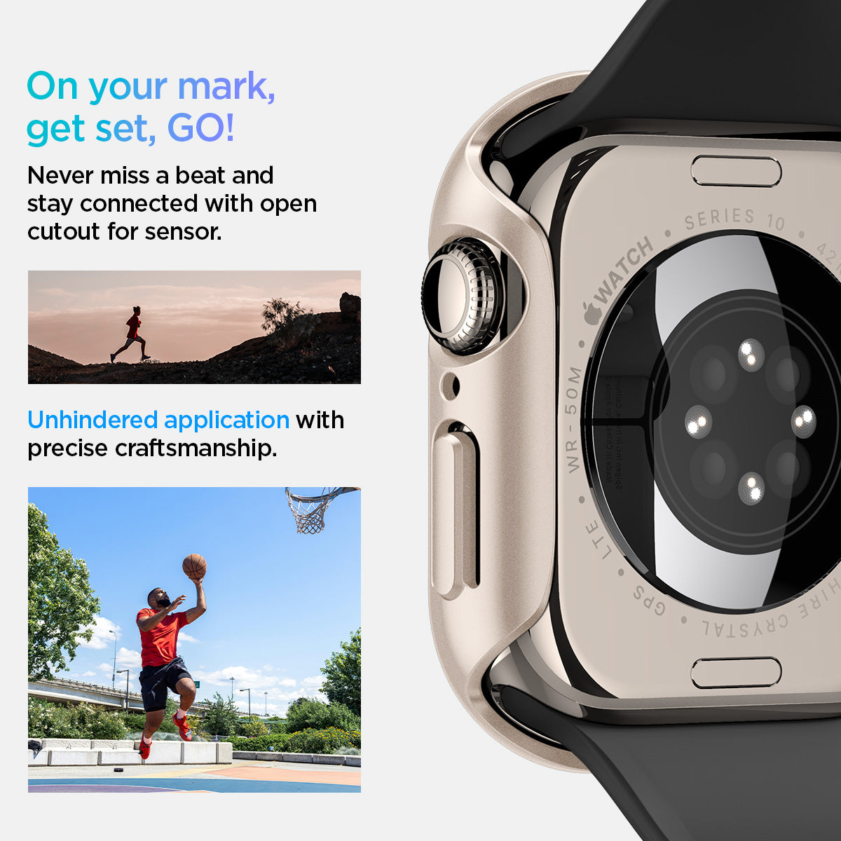 ACS08590 - Apple Watch 10 (42mm) Case Thin Fit in Starlight never miss a beat and stay connected with open cutout for the sensor. Write down On your mark, get set GO! Unhindered application with precise craftsmanship.