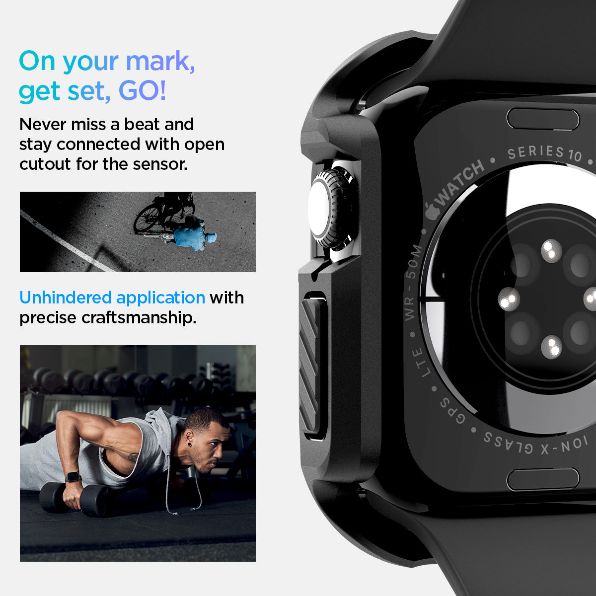 ACS08603 - Apple Watch 10 (46mm) Case Tough Armor in Black never miss a beat and stay connected with open cutout for the sensor. Write down On your mark, get set GO! Unhindered application with precise craftsmanship.