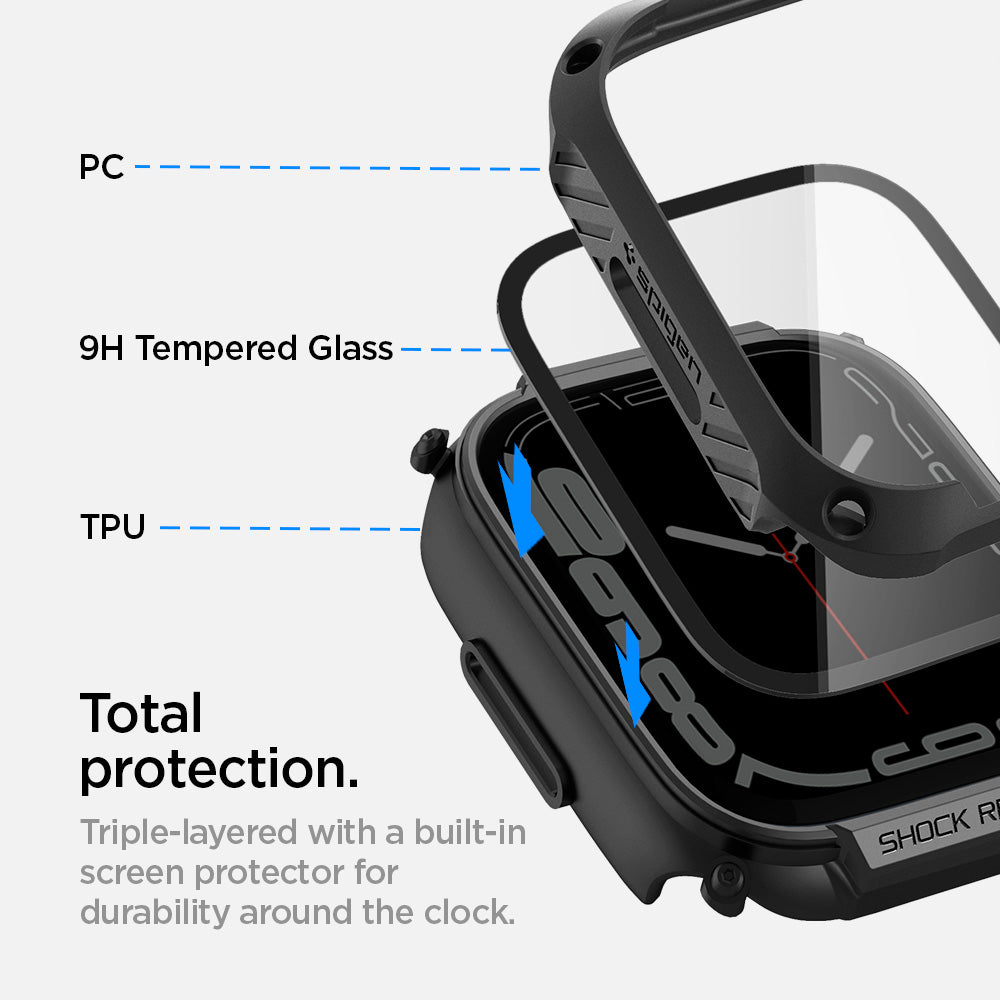 ACS04191 - Apple Watch Series (41mm) Case Tough Armor in black  has total protection. Triple-layered called PC, 9H tempered glass, TPU with a built in screen protector for durability around the clock.