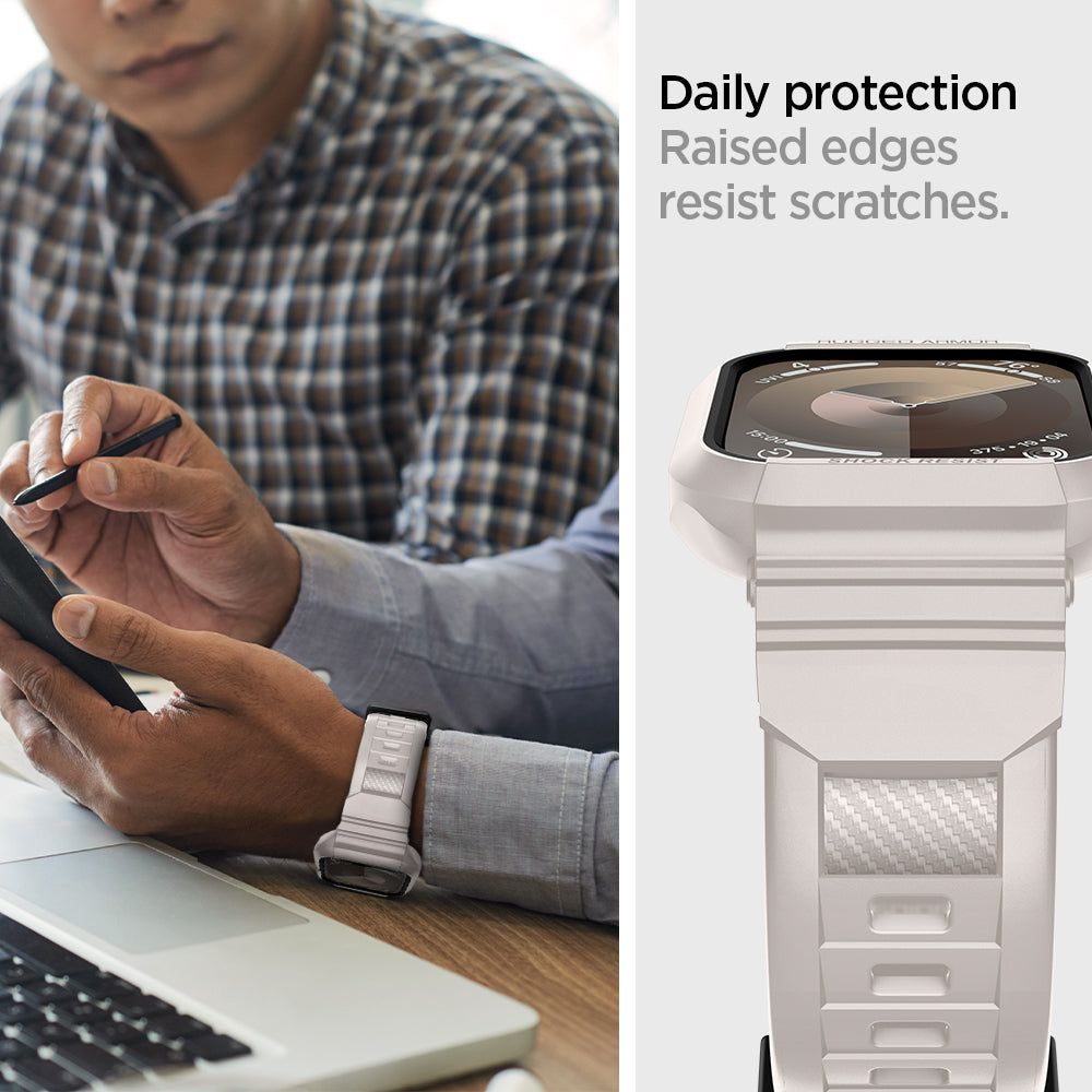 ACS07386 - Apple Watch (45mm) Rugged Armor Pro in Dune Beige shows daily protection raised edges resist scratches.