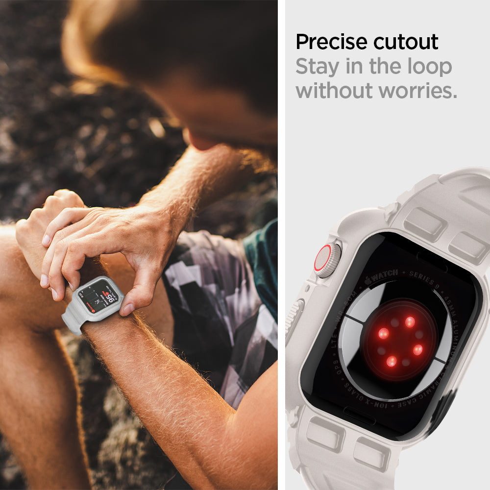 ACS07386 - Apple Watch (45mm) Rugged Armor Pro in Dune Beige precise cutout stay in the loop without worries.