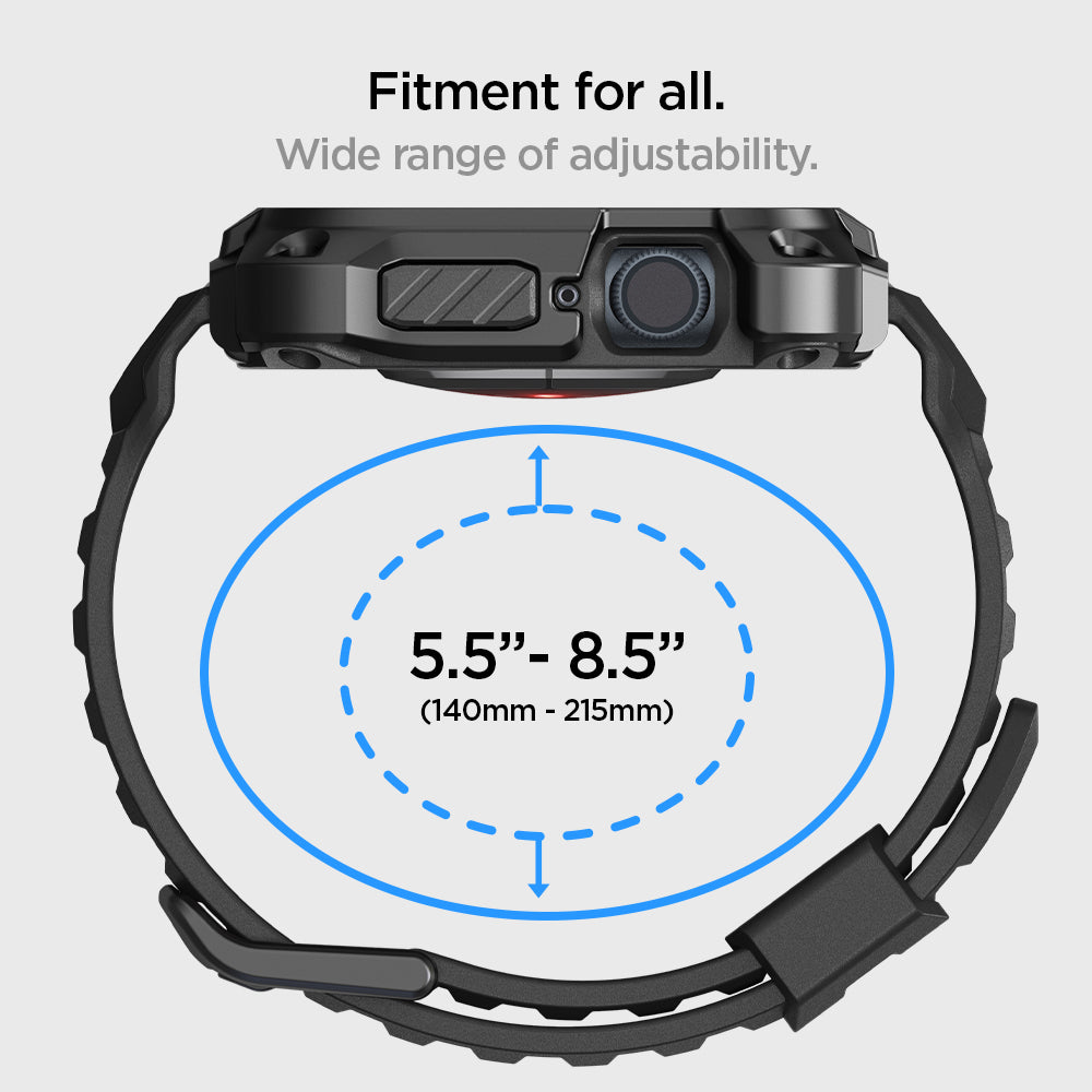 ACS05237 - Apple Watch Series (45mm) Case Tough Armor Pro Metal in black showing the fitment for all. Wide range of adjustability. 5.5" - 8.5" (14033 - 215mm)