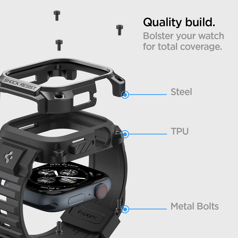 ACS05237 - Apple Watch Series (45mm) Case Tough Armor Pro Metal in black showing the quality build. Bolster your watch for total coverage. Steel, TPU and Metal Bolts