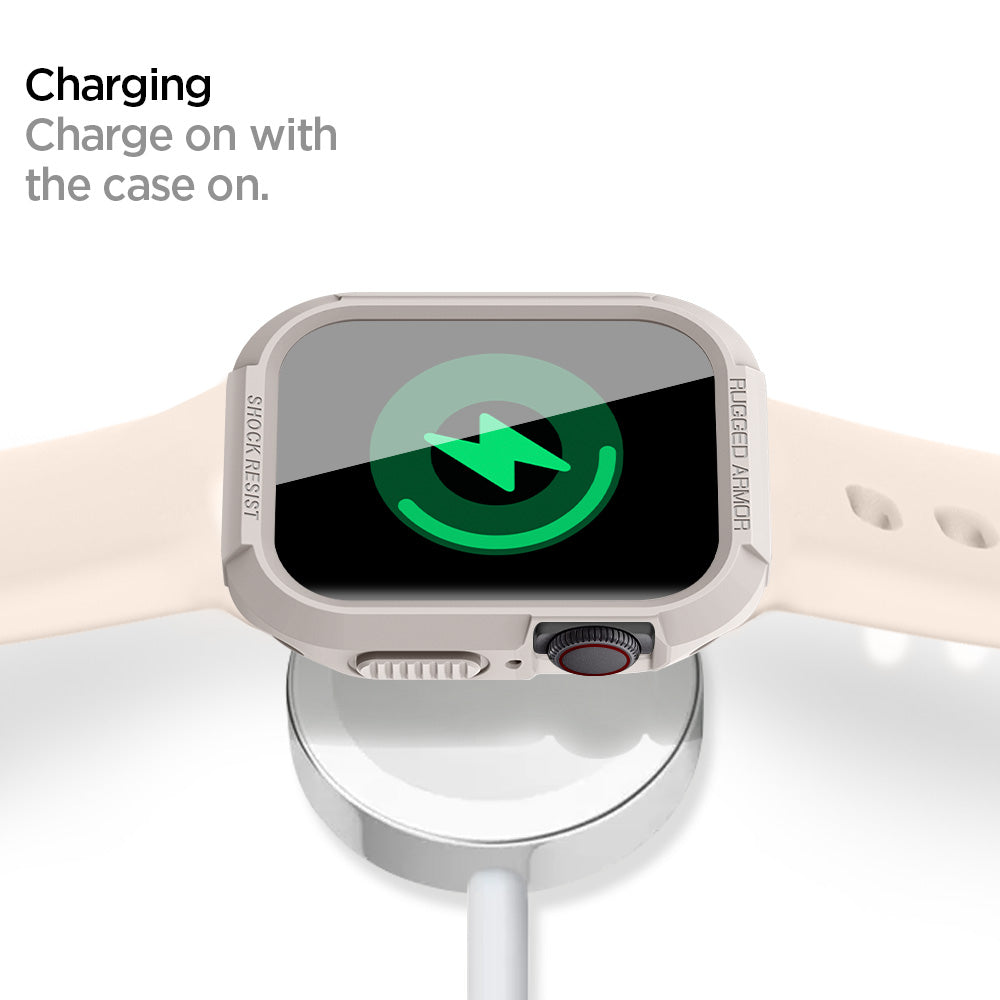ACS07379 - Apple Watch (45mm) Rugged Armor in Dune Beige charging on with the case on.