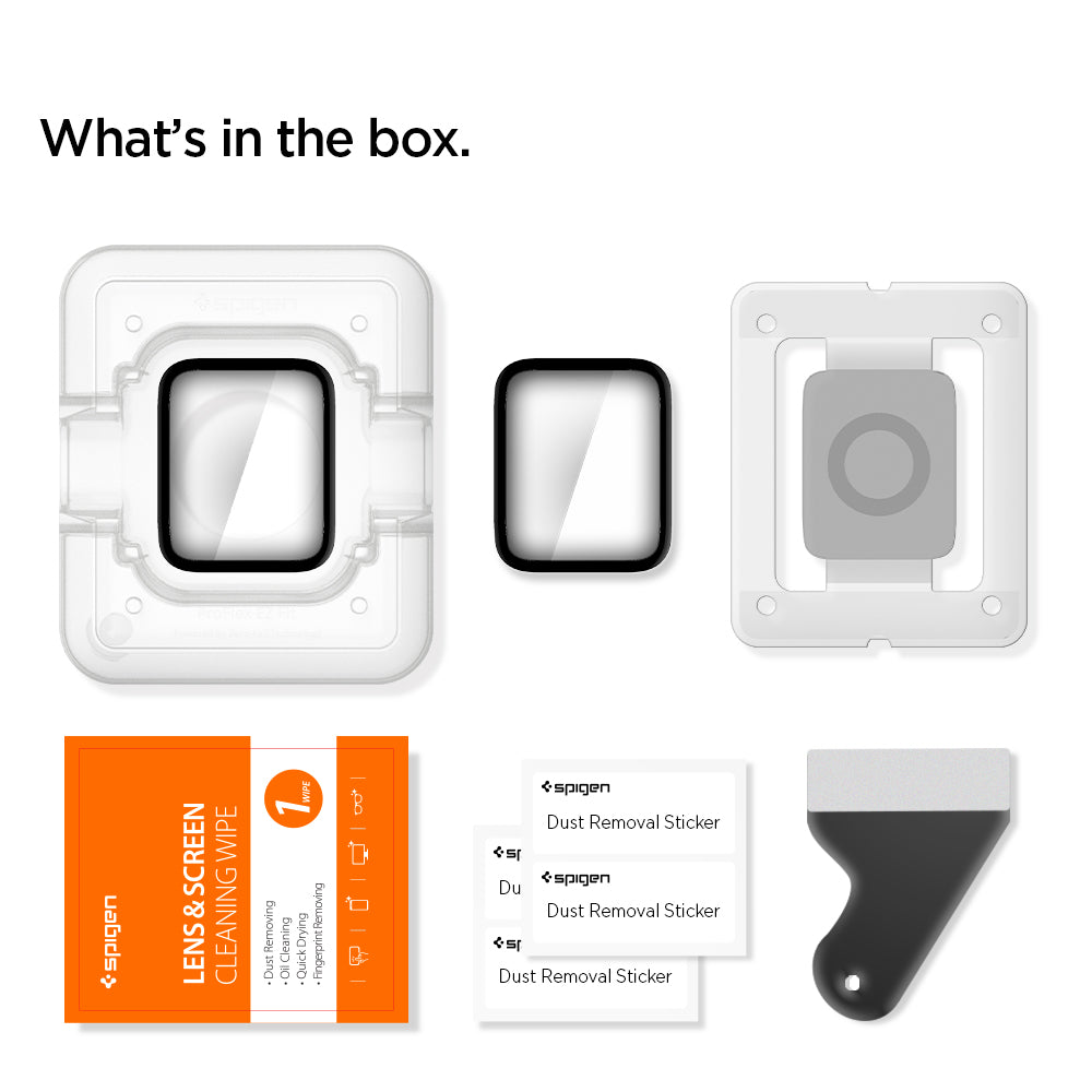 AFL00922 - Apple Watch (44mm) Screen Protector ProFlex EZ Fit in Clear showing what's in the box? alignment tray, screen protector, lens and screen wipes, dust removal and squeegee