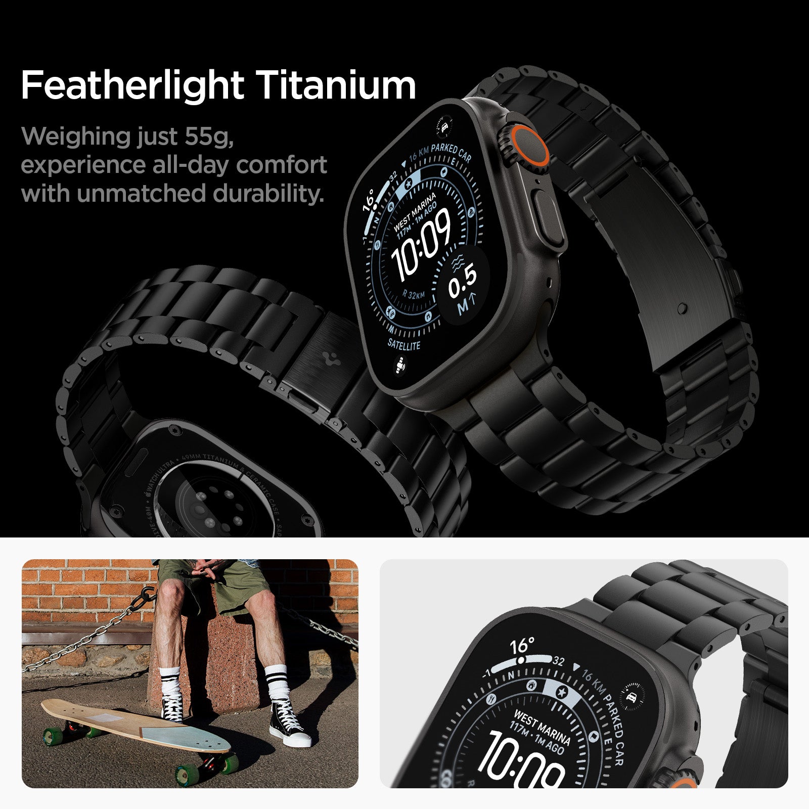 AMP11577 -  Apple Watch Series - Modern Fit Titanium Black lightweight titanium band weighs 55g and features a durable linked construction.