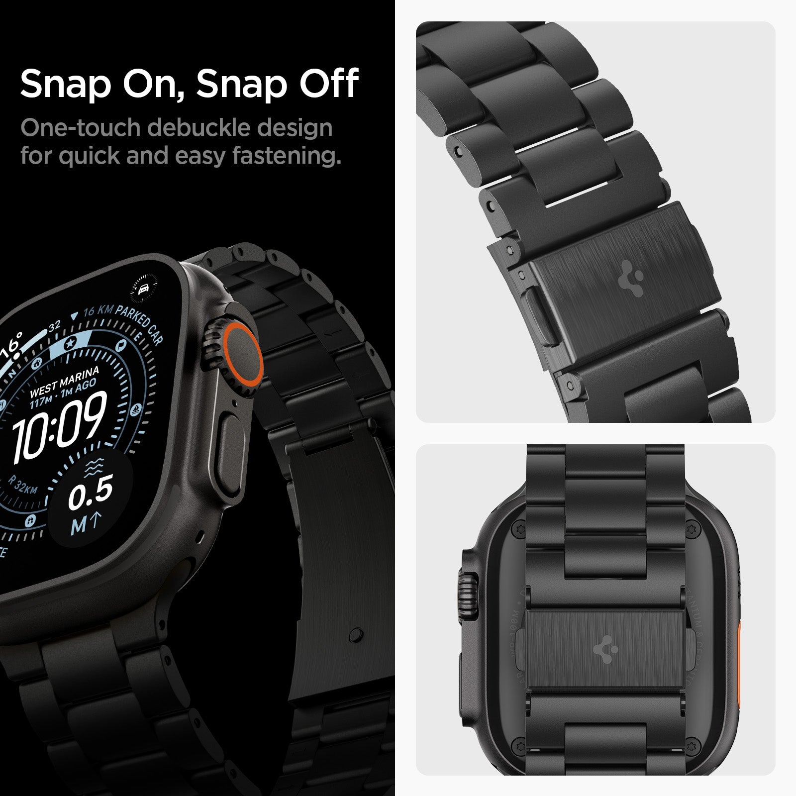 AMP11577 -  Apple Watch Series - Modern Fit Titanium Black one touch buckle design allows quick fastening and release.