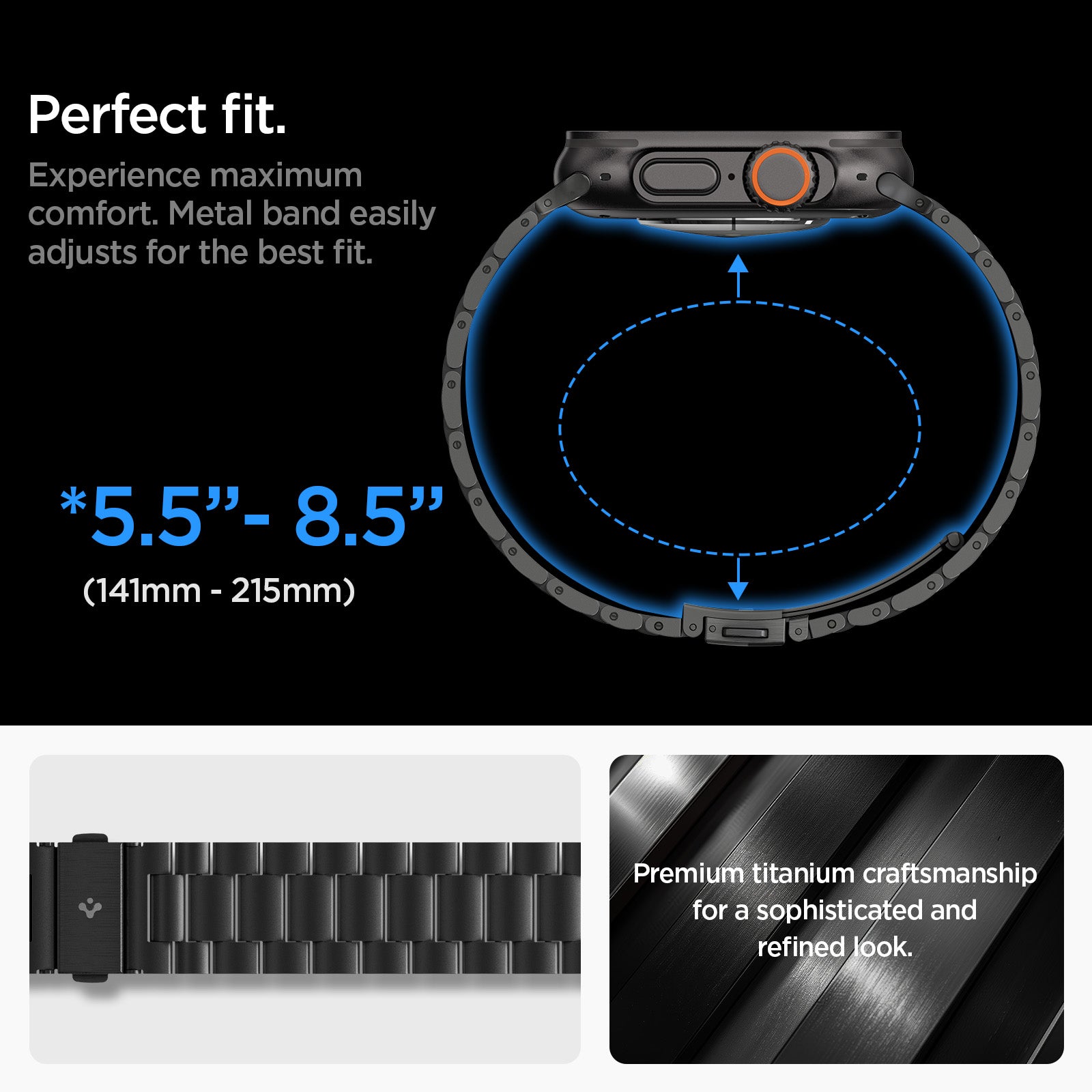 AMP11577 -  Apple Watch Series - Modern Fit Titanium Black adjustable metal link band fits wrist sizes from 5.5 to 8.5 inches.