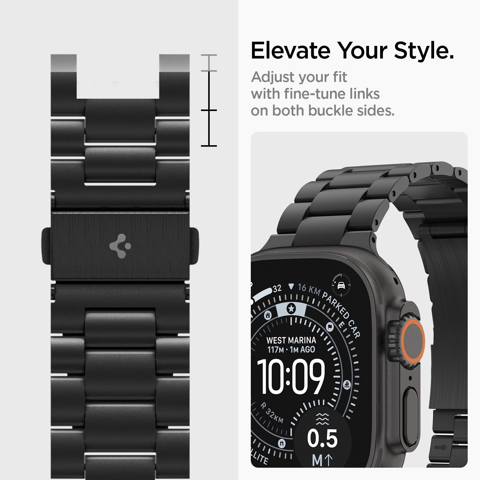 AMP11577 -  Apple Watch Series - Modern Fit Titanium Black adjustable links on both sides of the buckle allow fine tuning for a personalized fit.