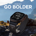 AMP11113 - Apple Watch Ultra Athlex Air 2 band black gray lifestyle image showing Apple Watch Ultra worn with rugged Athlex Air 2 strap placed on rocky mountain terrain with bold outdoor backdrop and GO BOLDER headline