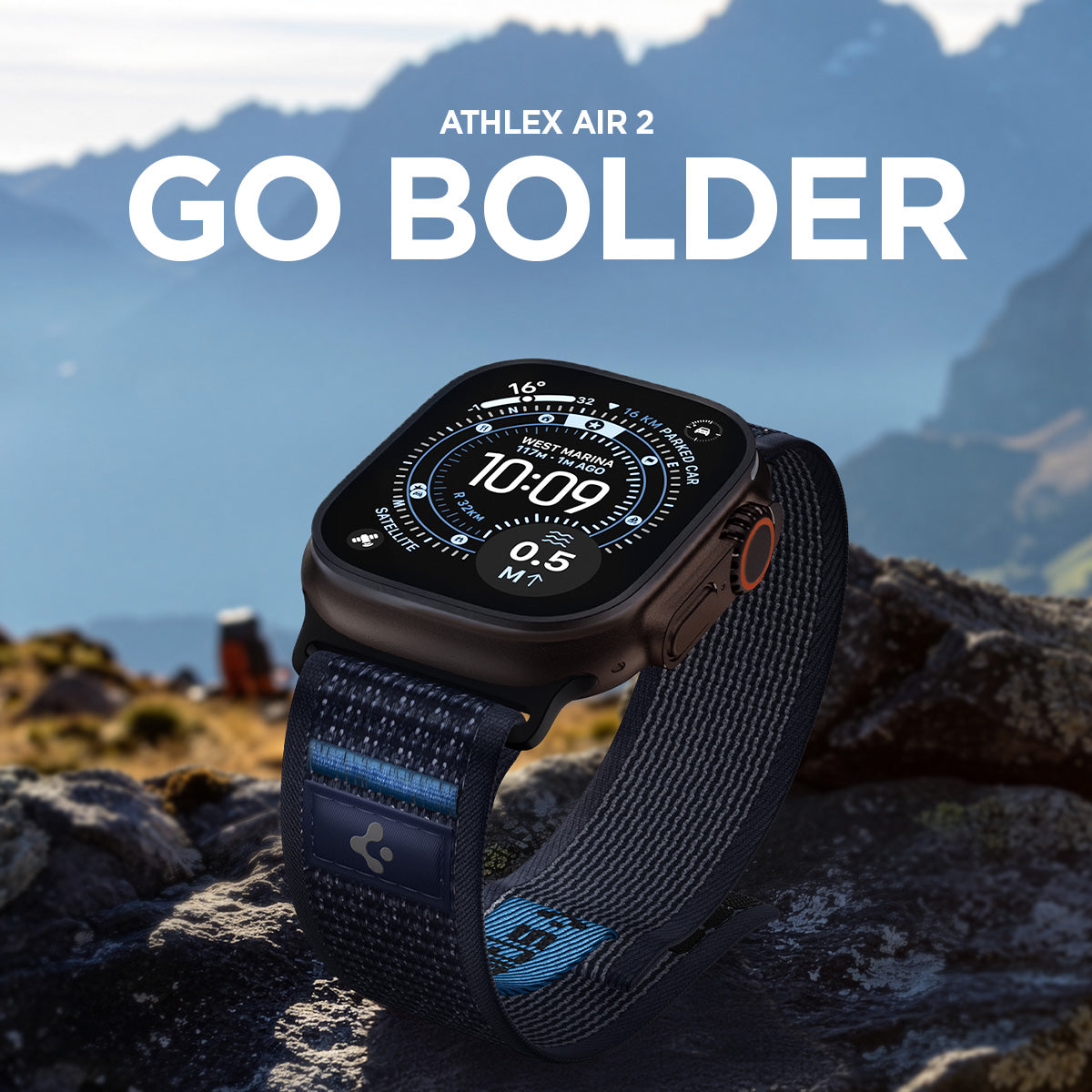 AMP10608 - Apple Watch Ultra Athlex Air 2 band navy lifestyle image showing Apple Watch Ultra worn with rugged Athlex Air 2 strap placed on rocky mountain terrain with bold outdoor backdrop and GO BOLDER headline