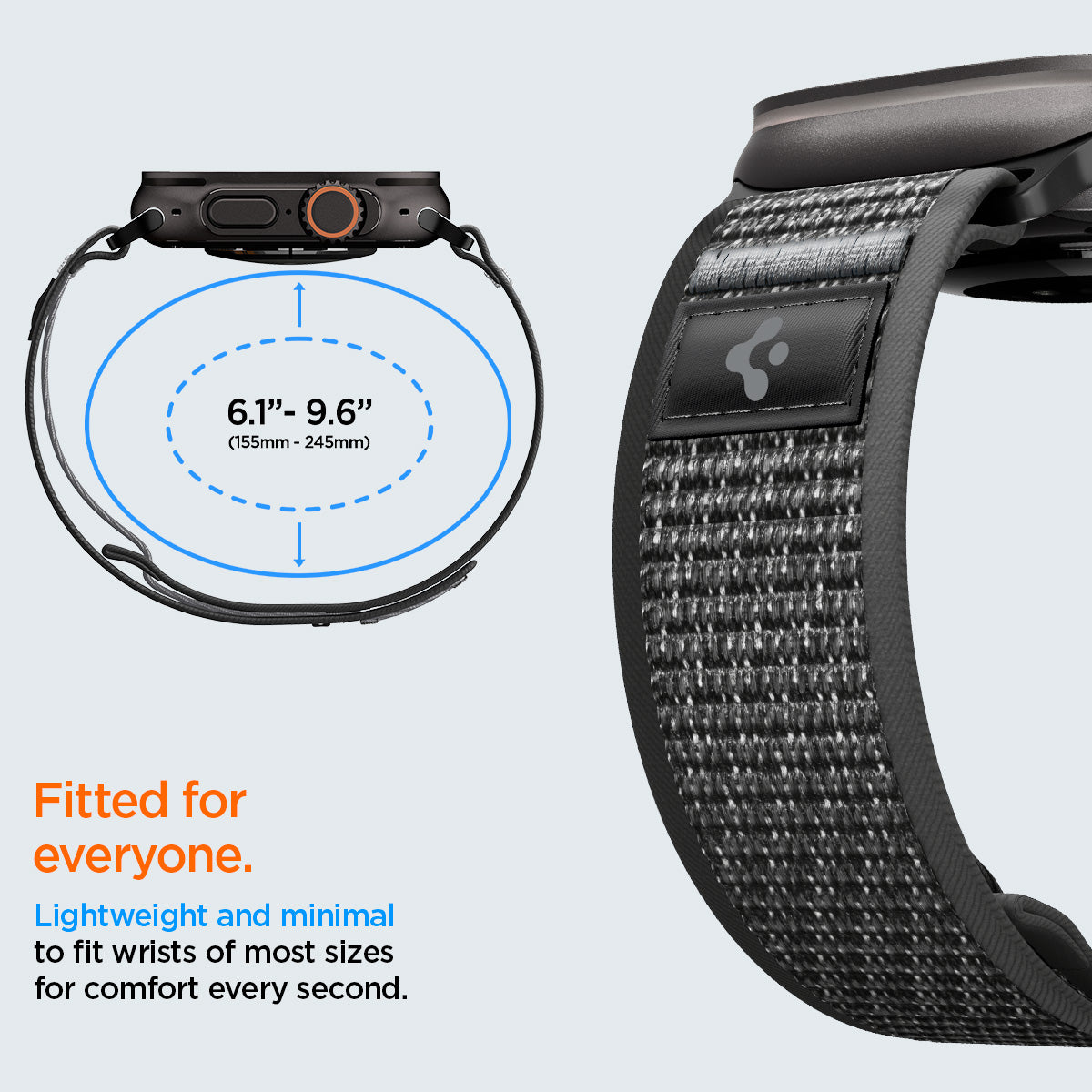 AMP11113 - Apple Watch Ultra Athlex Air 2 band size guide image showing adjustable strap circumference range from 6.1 inches to 9.6 inches with close-up of black gray woven Athlex Air 2 band highlighting lightweight minimal fit design for most wrist sizes