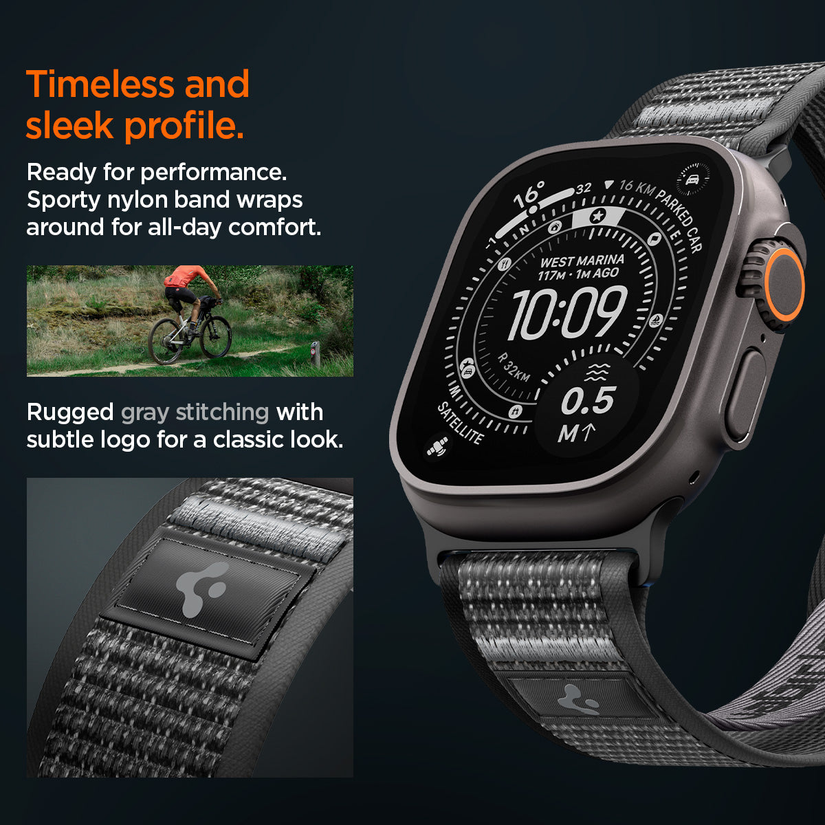 AMP11113 - Apple Watch Ultra Athlex Air 2 band lifestyle image showing rugged gray stitched nylon strap on Apple Watch Ultra with close-up of subtle logo patch highlighting timeless sleek profile sporty performance design and all-day comfort during outdoor cycling activity