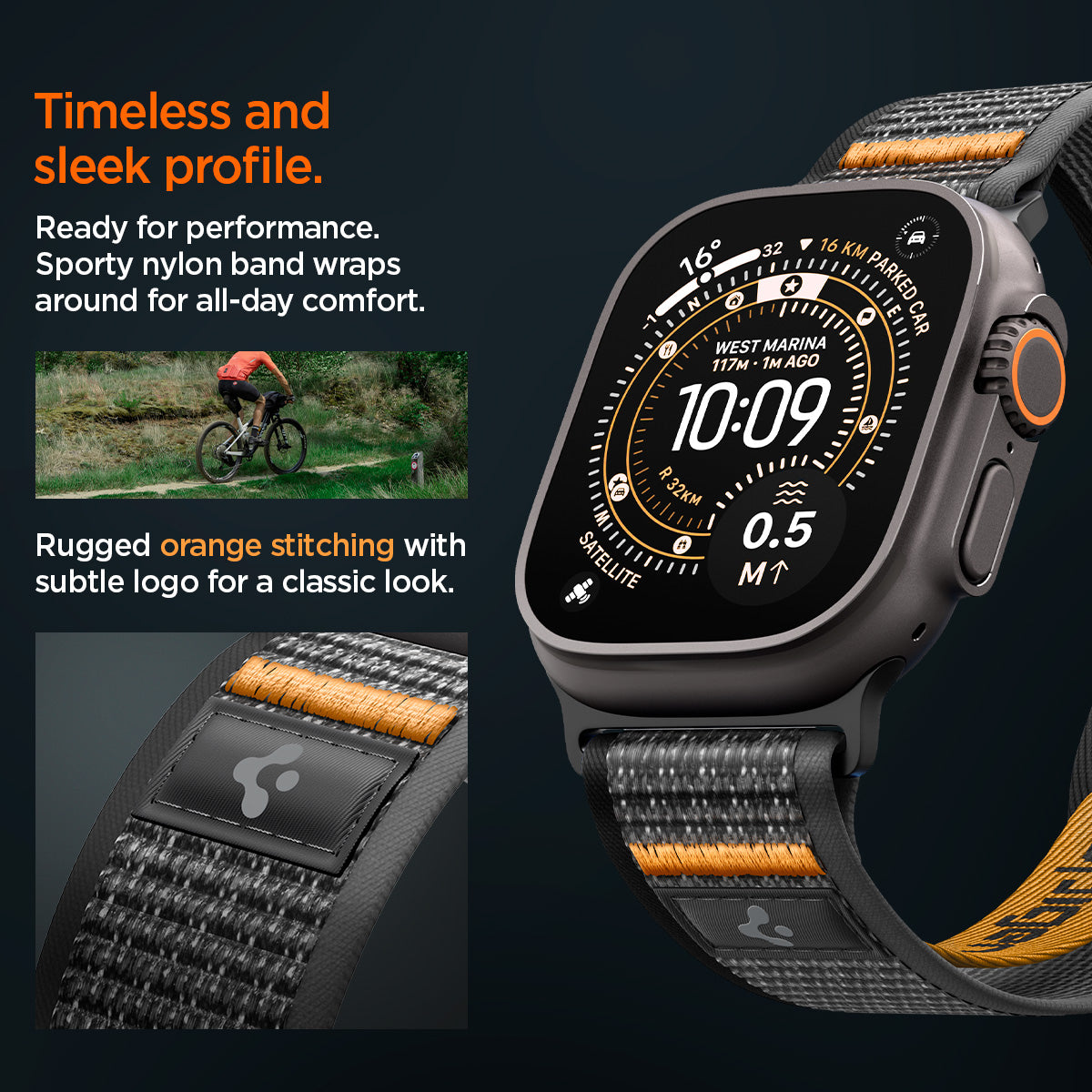 AMP10607 - Apple Watch Ultra Athlex Air 2 band lifestyle image showing rugged orange stitched nylon strap on Apple Watch Ultra with close-up of subtle logo patch highlighting timeless sleek profile sporty performance design and all-day comfort during outdoor cycling activity