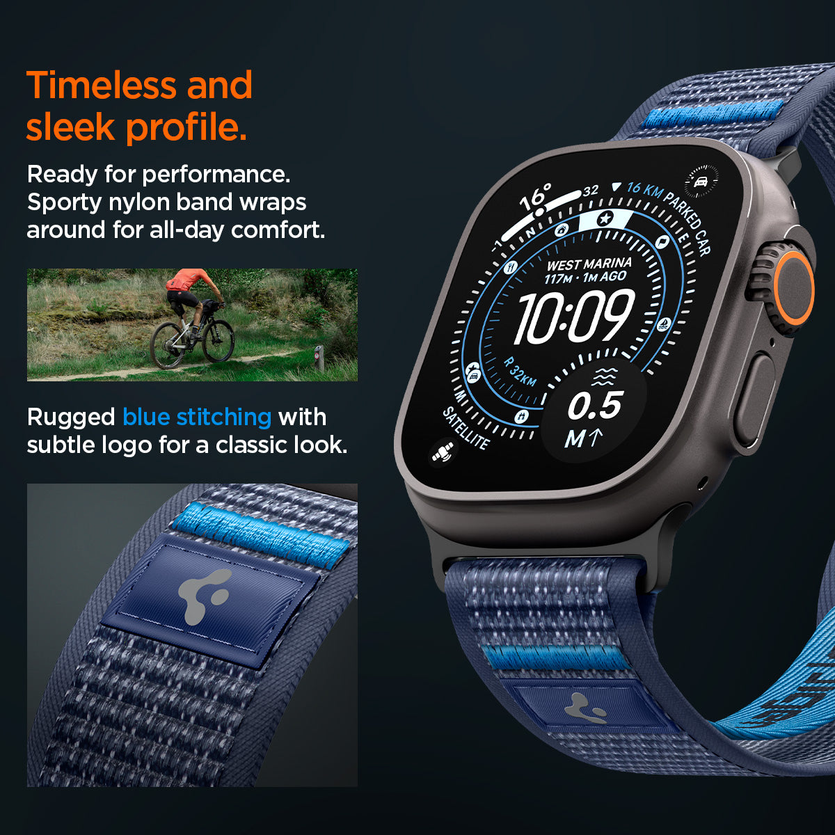 AMP10608 - Apple Watch Ultra Athlex Air 2 band lifestyle image showing rugged blue stitched nylon strap on Apple Watch Ultra with close-up of subtle logo patch highlighting timeless sleek profile sporty performance design and all-day comfort during outdoor cycling activity