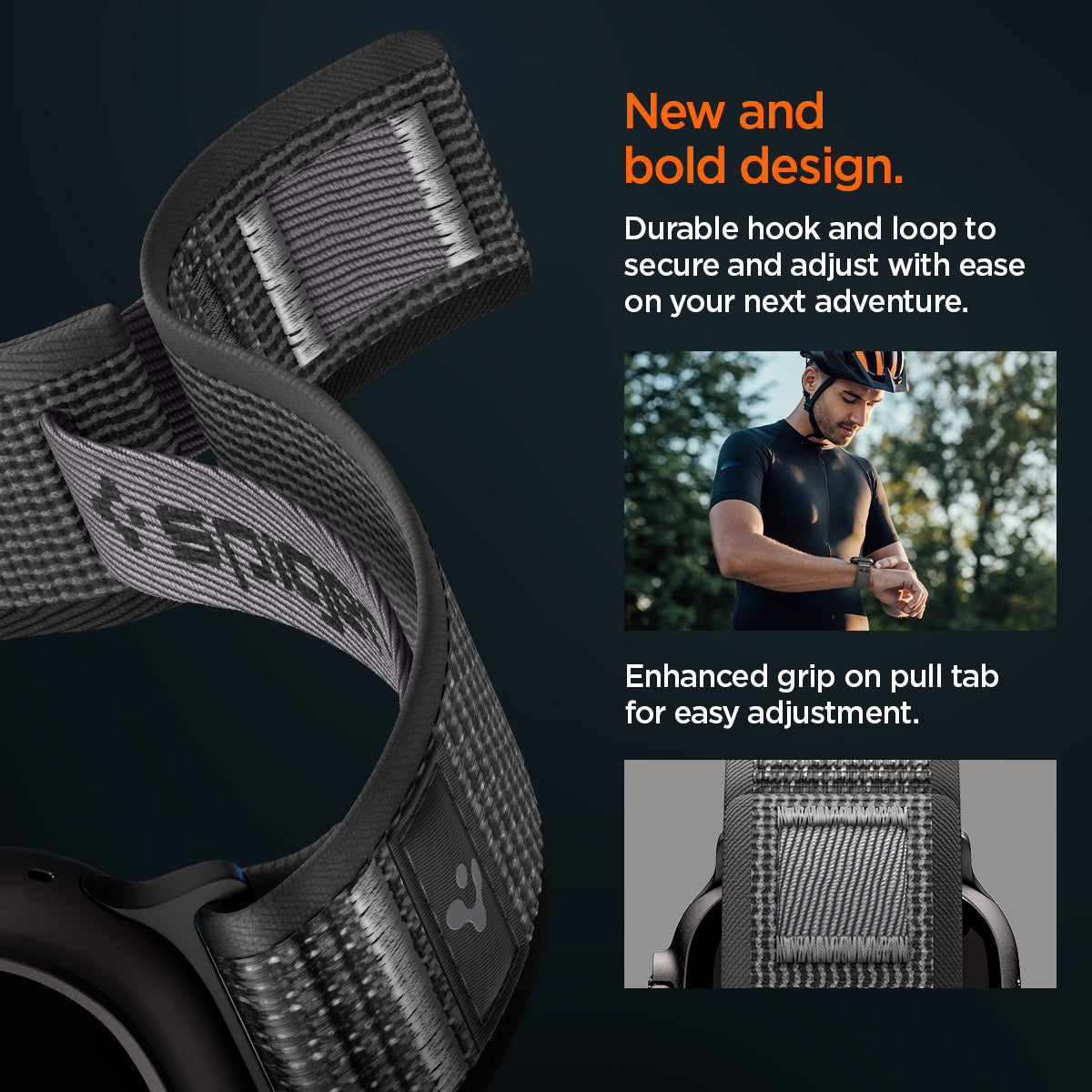 AMP11113 - Apple Watch Ultra Athlex Air 2 band close-up showing bold gray woven nylon strap with reinforced hook and loop fastening enhanced grip pull tab subtle logo detail and durable stitching designed for secure easy adjustment during active outdoor use