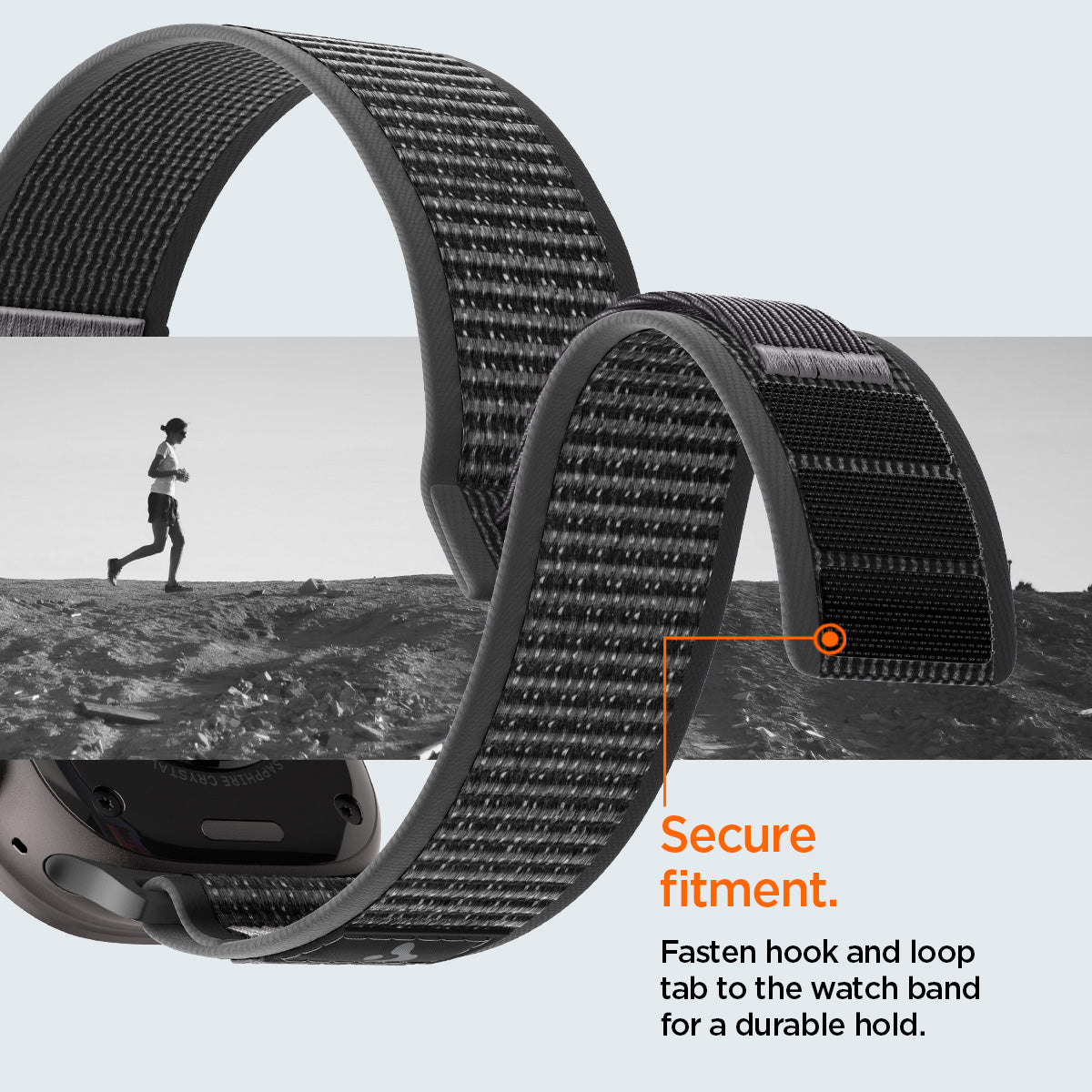 AMP11113 - Apple Watch Ultra Athlex Air 2 band showing secure hook and loop fastening system with rugged gray woven nylon strap curved for a snug fit highlighting strong grip and stability during running and active outdoor use