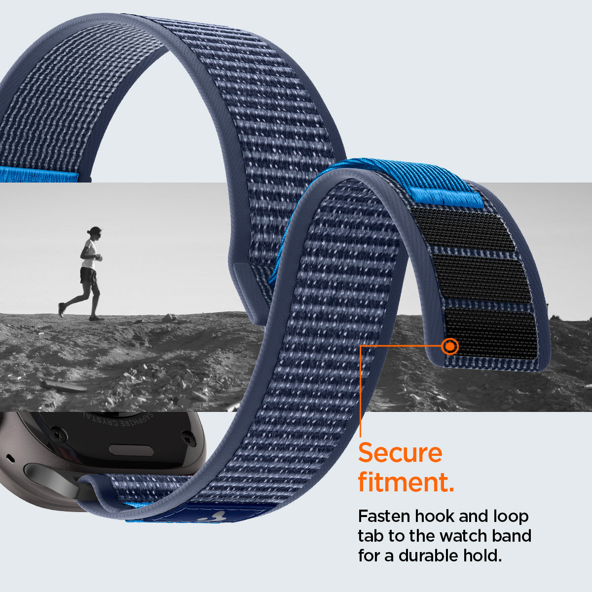 AMP10608 - Apple Watch Ultra Athlex Air 2 band showing secure hook and loop fastening system with rugged navy woven nylon strap curved for a snug fit highlighting strong grip and stability during running and active outdoor use