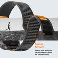 AMP10607 - Apple Watch Ultra Athlex Air 2 band showing secure hook and loop fastening system with rugged gray woven nylon strap curved for a snug fit highlighting strong grip and stability during running and active outdoor use