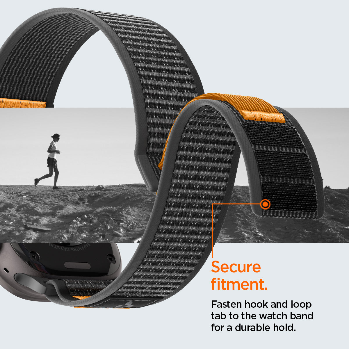 AMP10607 - Apple Watch Ultra Athlex Air 2 band showing secure hook and loop fastening system with rugged gray woven nylon strap curved for a snug fit highlighting strong grip and stability during running and active outdoor use