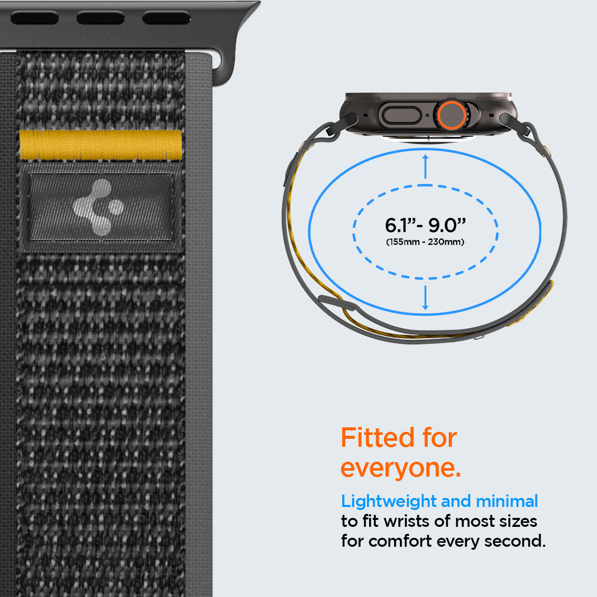 AMP09033 - Apple Watch 10 (46mm) Athlex Air in Active Black showing the fitment. 6.1" - 9.0" (155mm-230mm). Fitted for everyone. Lightweight and minimal to fit wrists of most sizes for comfort every second