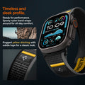 AMP09033 - Apple Watch 10 (46mm) Athlex Air in Active Black showing the timeless and sleek profile. Ready for performance Sporty nylon band wrap around for all-day comfort. Rugged yellow stitching with subtle logo for a classic look