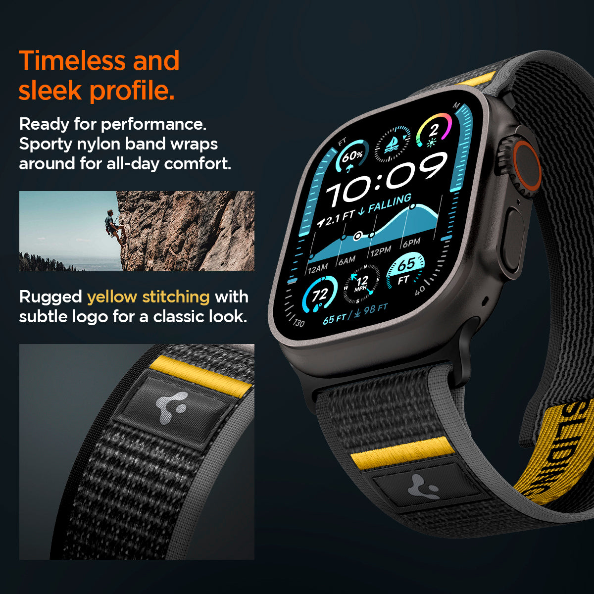 AMP09033 - Apple Watch 10 (46mm) Athlex Air in Active Black showing the timeless and sleek profile. Ready for performance Sporty nylon band wrap around for all-day comfort. Rugged yellow stitching with subtle logo for a classic look