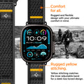 AMP09033 - Apple Watch 10 (46mm) Athlex Air in Active Black showing the comfort for all. Rugged and flexible design with your ultimate comfort in mind. Rugged yellow stitching. Yellow stitching matches the inner adjustable band for a sleek two-toned design