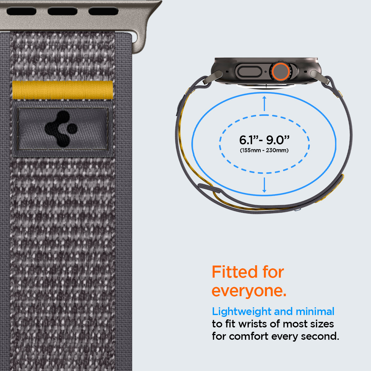 AMP09034 - Apple Watch 10 (46mm) Athlex Air in Active Gray showing the fitment. 6.1" - 9.0" (155mm-230mm). Fitted for everyone. Lightweight and minimal to fit wrists of most sizes for comfort every second