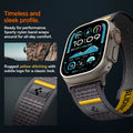 AMP09034 - Apple Watch 10 (46mm) Athlex Air in Active Gray showing the timeless and sleek profile. Ready for performance Sporty nylon band wrap around for all-day comfort. Rugged yellow stitching with subtle logo for a classic look