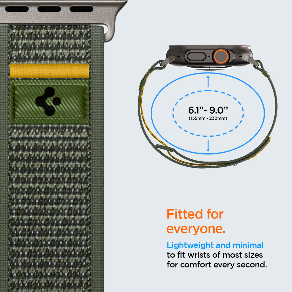 AMP09035 - Apple Watch 10 (46mm) Athlex Air in Active Green showing the fitment. 6.1" - 9.0" (155mm-230mm). Fitted for everyone. Lightweight and minimal to fit wrists of most sizes for comfort every second