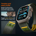 AMP09035 - Apple Watch 10 (46mm) Athlex Air in Active Green showing the timeless and sleek profile. Ready for performance Sporty nylon band wrap around for all-day comfort. Rugged yellow stitching with subtle logo for a classic look