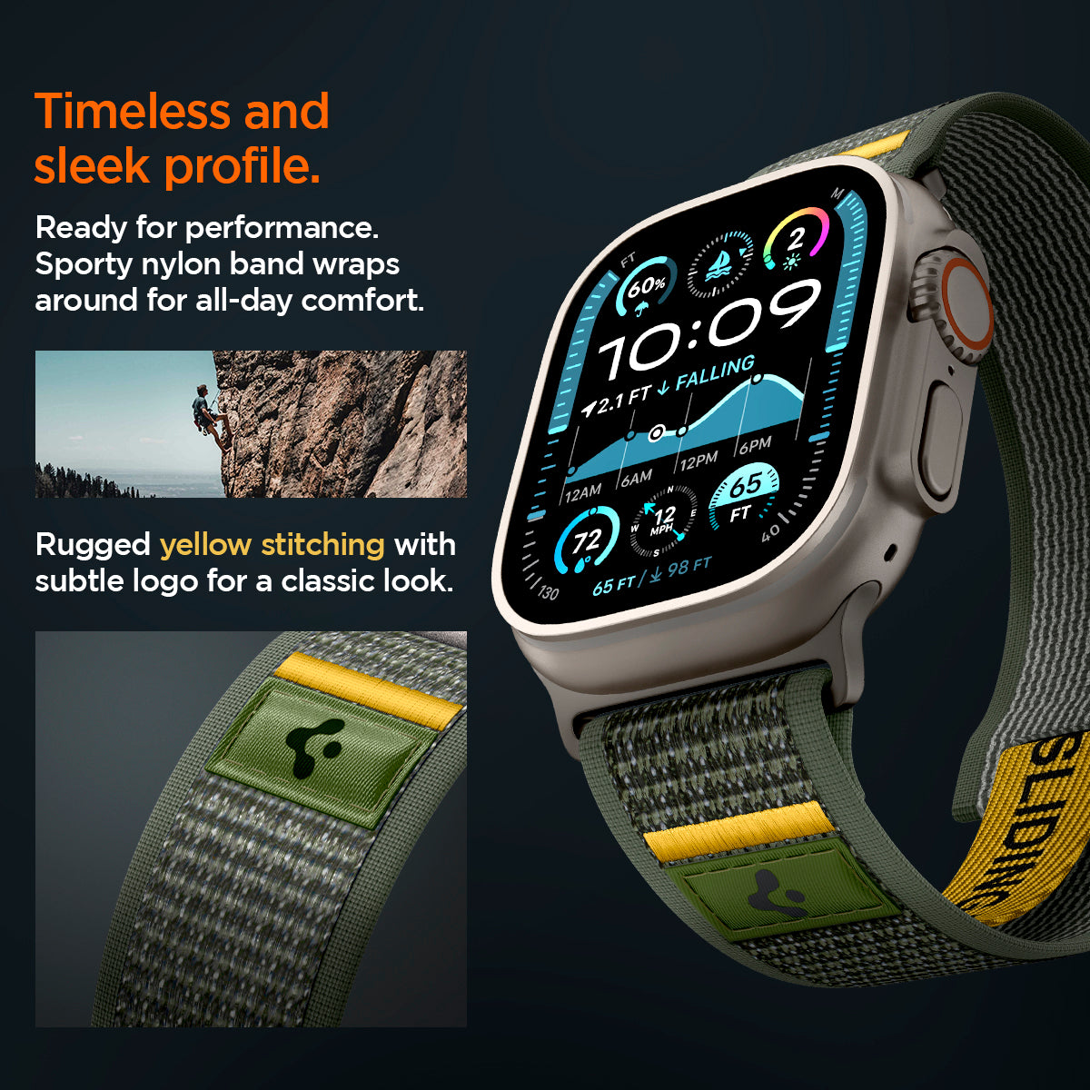 AMP09035 - Apple Watch 10 (46mm) Athlex Air in Active Green showing the timeless and sleek profile. Ready for performance Sporty nylon band wrap around for all-day comfort. Rugged yellow stitching with subtle logo for a classic look