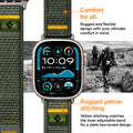 AMP09035 - Apple Watch 10 (46mm) Athlex Air in Active Green showing the comfort for all. Rugged and flexible design with your ultimate comfort in mind. Rugged yellow stitching. Yellow stitching matches the inner adjustable band for a sleek two-toned design