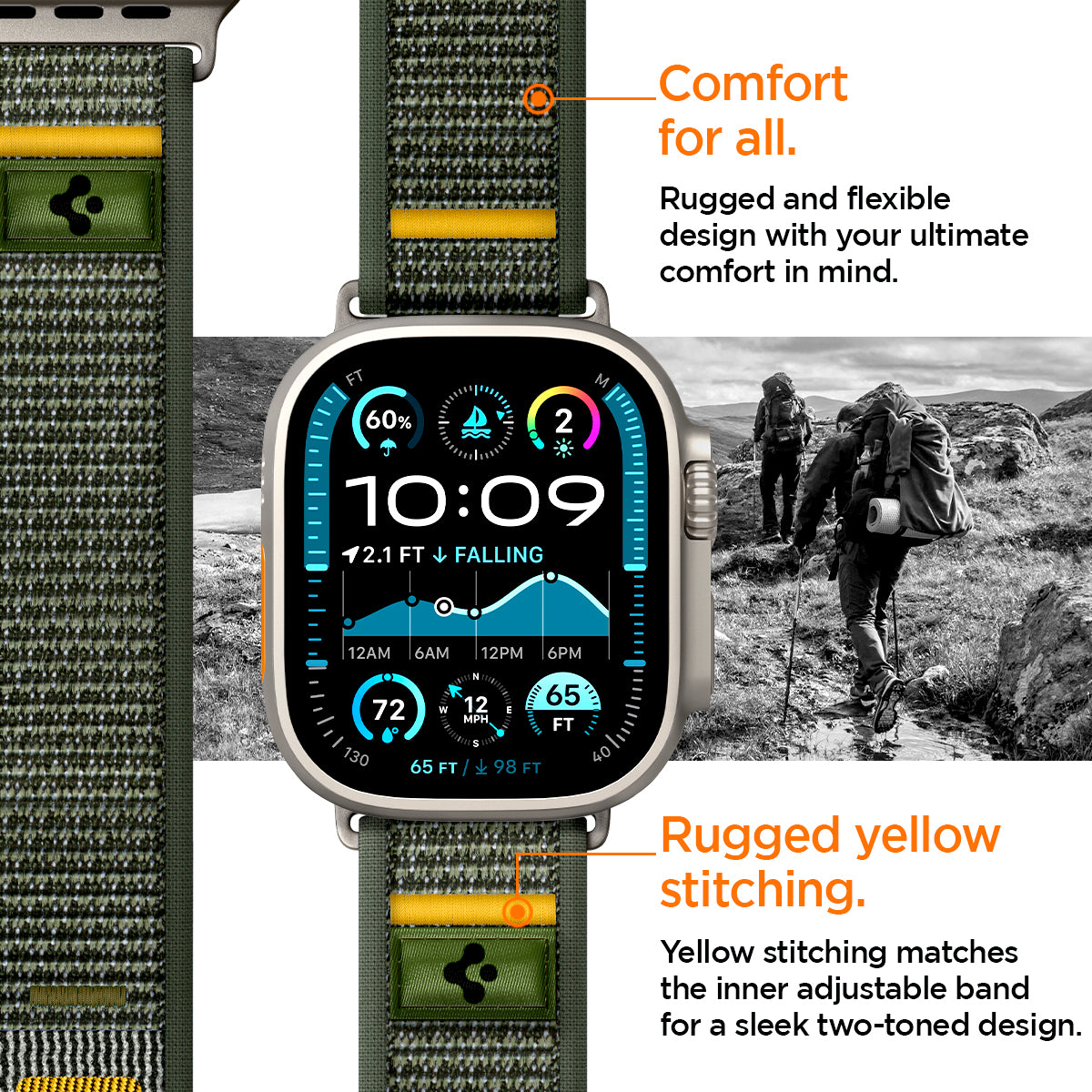 AMP09035 - Apple Watch 10 (46mm) Athlex Air in Active Green showing the comfort for all. Rugged and flexible design with your ultimate comfort in mind. Rugged yellow stitching. Yellow stitching matches the inner adjustable band for a sleek two-toned design