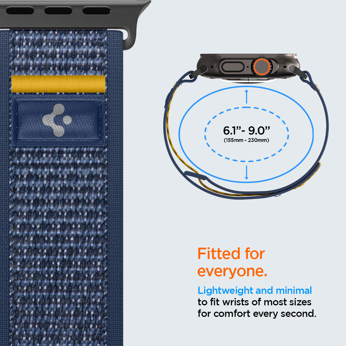 AMP09036 - Apple Watch 10 (46mm) Athlex Air in Active Navy showing the fitment. 6.1" - 9.0" (155mm-230mm). Fitted for everyone. Lightweight and minimal to fit wrists of most sizes for comfort every second