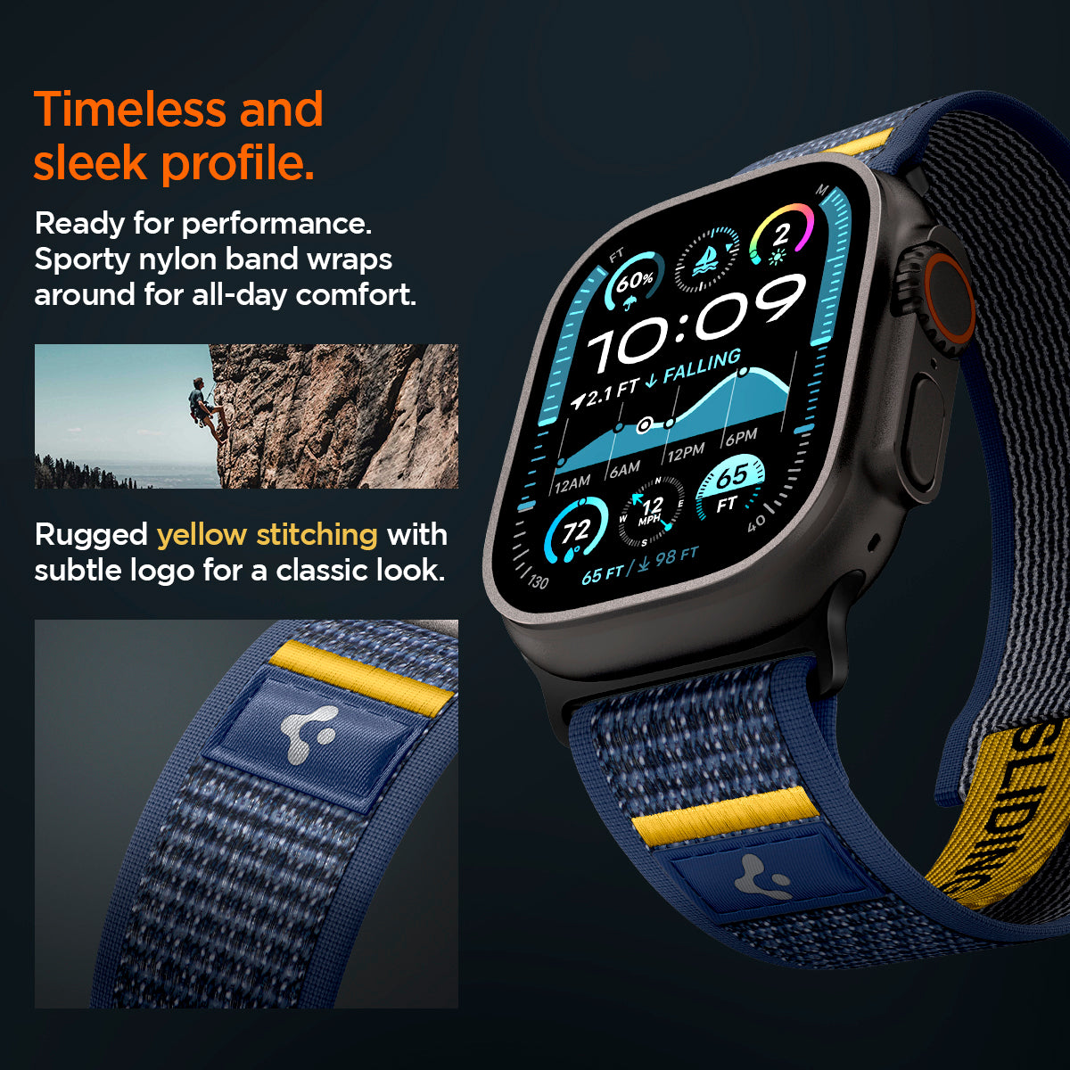AMP09036 - Apple Watch 10 (46mm) Athlex Air in Active Navy showing the timeless and sleek profile. Ready for performance Sporty nylon band wrap around for all-day comfort. Rugged yellow stitching with subtle logo for a classic look