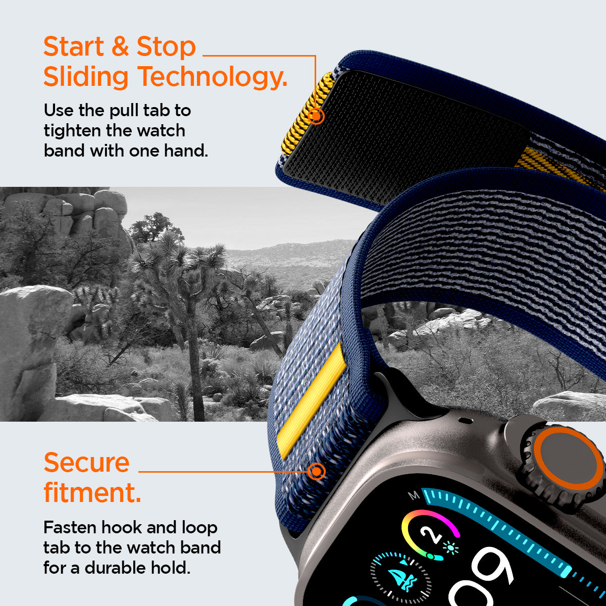AMP09036 - Apple Watch 10 (46mm) Athlex Air in Active Navy showing the start & stop sliding technology. Use the pull tab to tighten the watch band with one hand. Secure fitment. Fasten hook and loop tab to the watch band for a durable hold