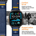 AMP09036 - Apple Watch 10 (46mm) Athlex Air in Active Navy showing the comfort for all. Rugged and flexible design with your ultimate comfort in mind. Rugged yellow stitching. Yellow stitching matches the inner adjustable band for a sleek two-toned design