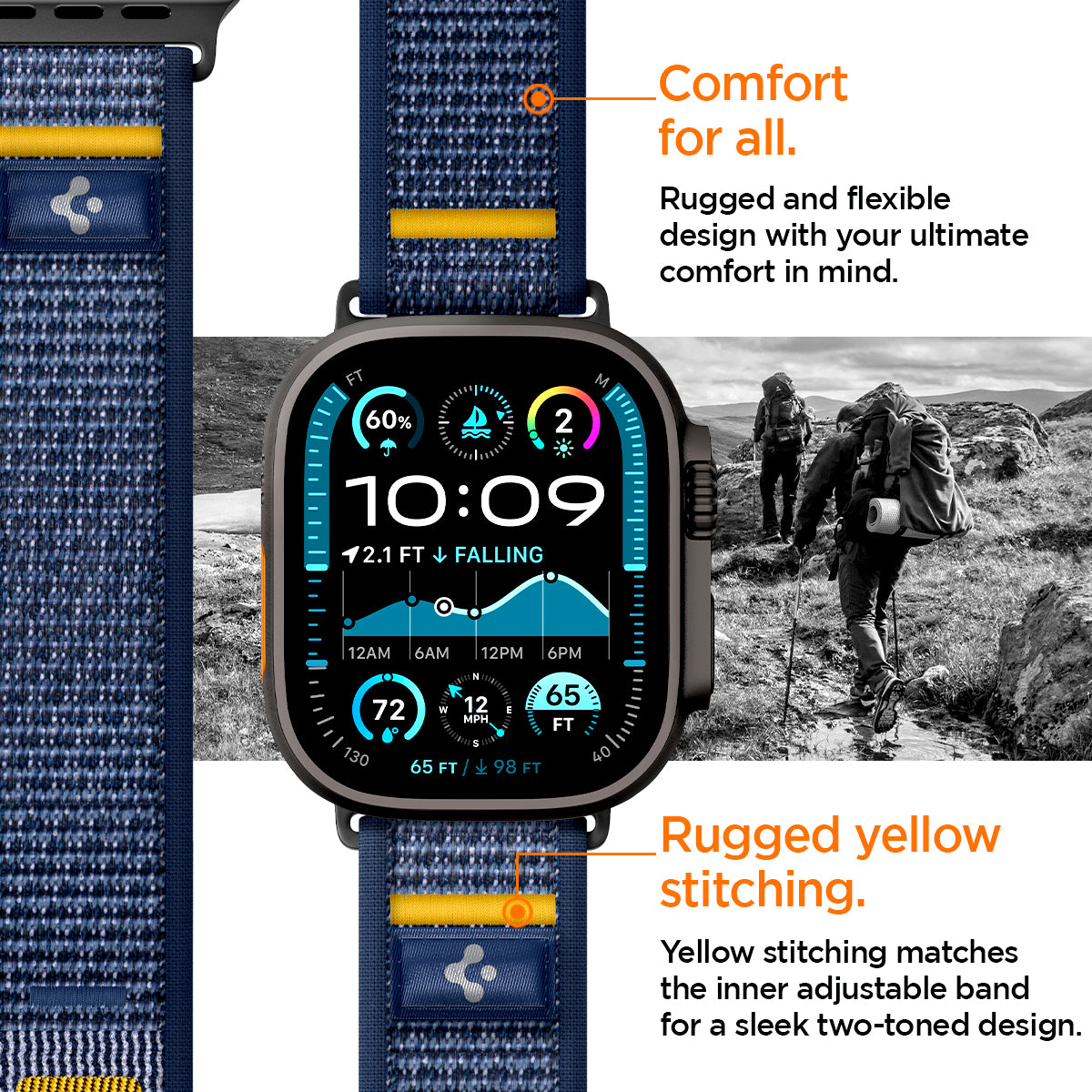 AMP09036 - Apple Watch 10 (46mm) Athlex Air in Active Navy showing the comfort for all. Rugged and flexible design with your ultimate comfort in mind. Rugged yellow stitching. Yellow stitching matches the inner adjustable band for a sleek two-toned design