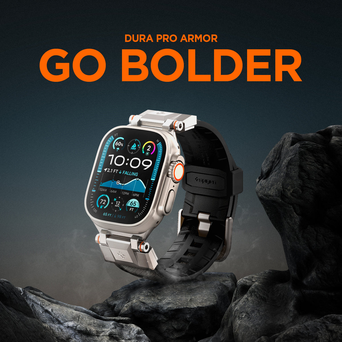 AMP09104 - Apple Watch Ultra (49mm) DuraPro Armor in Gray showing clock in the top of the mountain and Go bolder.