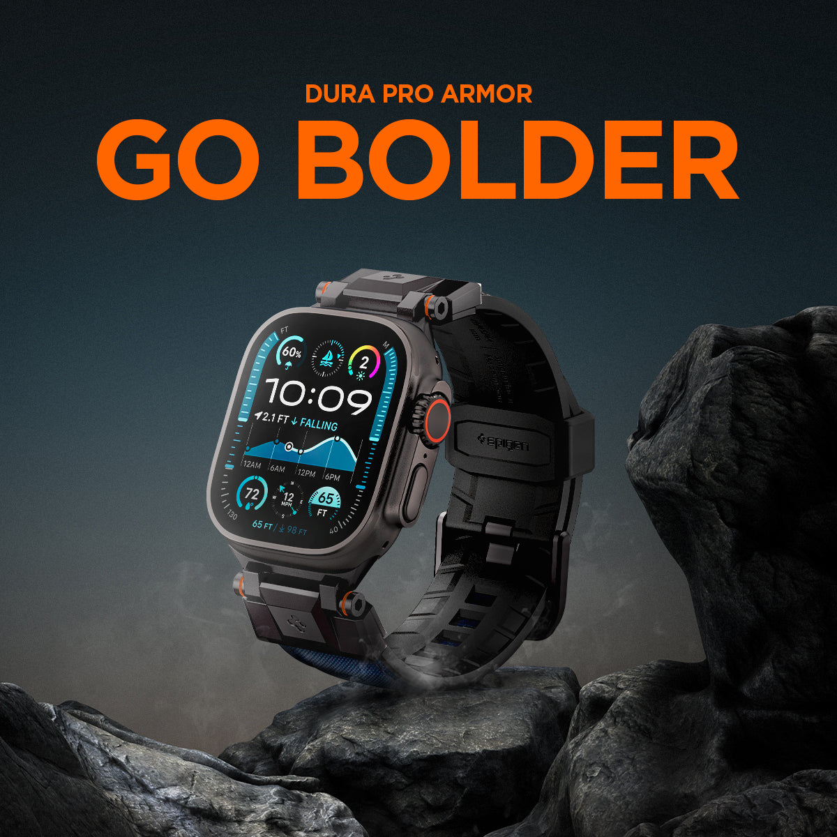 AMP09103 - Apple Watch Ultra (49mm) DuraPro Armor in Navy Blue showing clock in the top of the mountain and Go bolder.