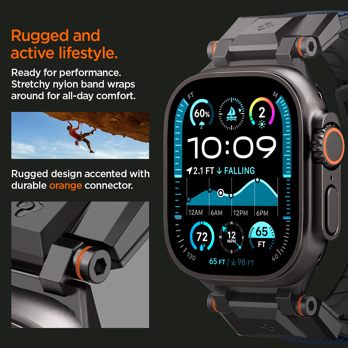 AMP09103 - Apple Watch Ultra (49mm) DuraPro Armor in Navy Blue is ready for performance premium PU band wraps around for all day comfort. rugged design accented with durable orange connctor.