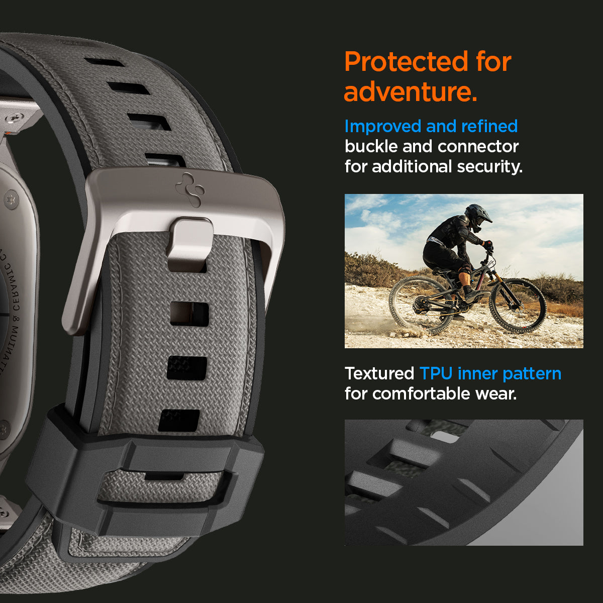 AMP09104 - Apple Watch Ultra (49mm) DuraPro Armor in Gray improved and refined buckle and connector for additional security. textured TPU inner pattern for comfortable wear.