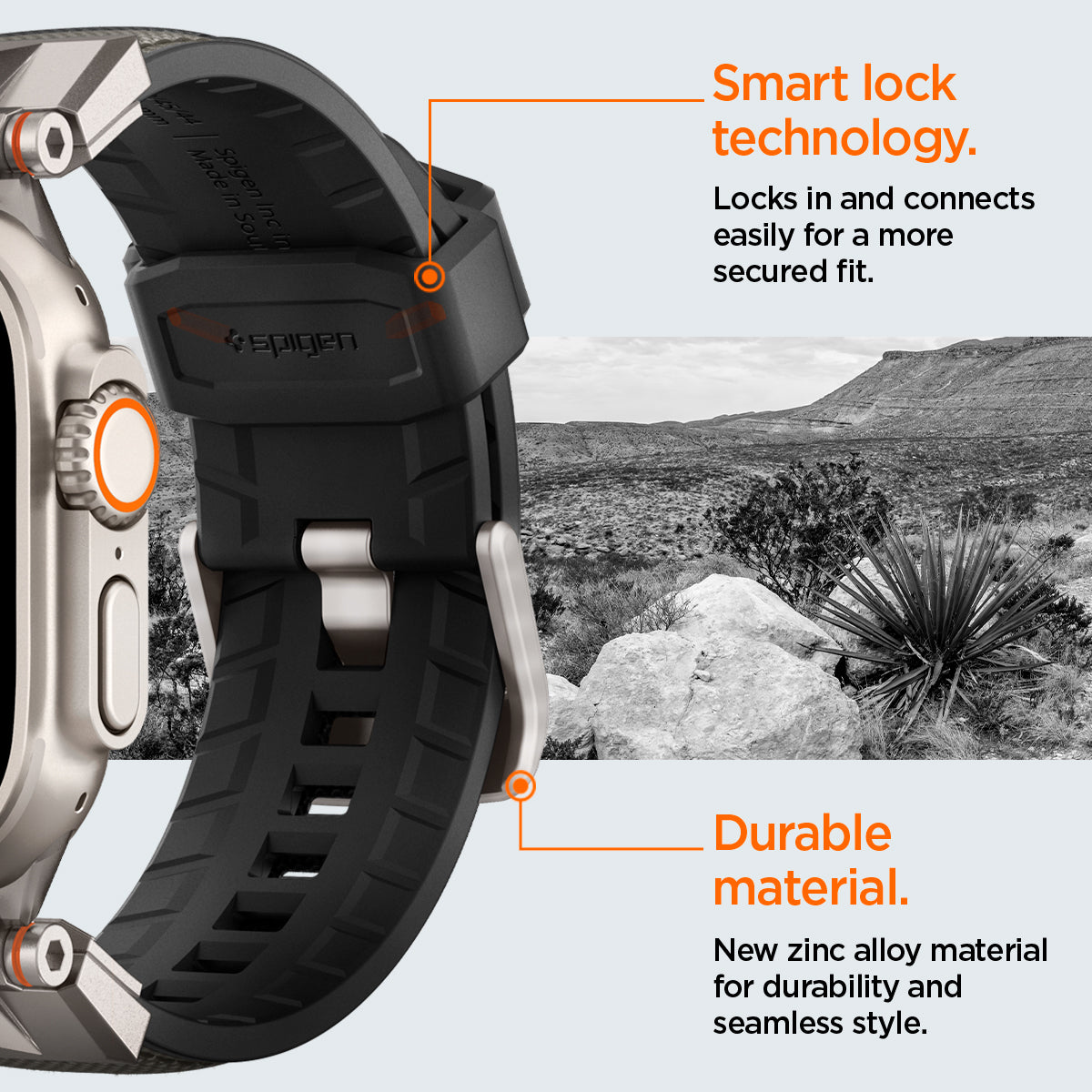 AMP09104 - Apple Watch Ultra (49mm) DuraPro Armor in Gray locks in and connects easily for a more secured fit. New zinc alloy material for durability and seamless style.