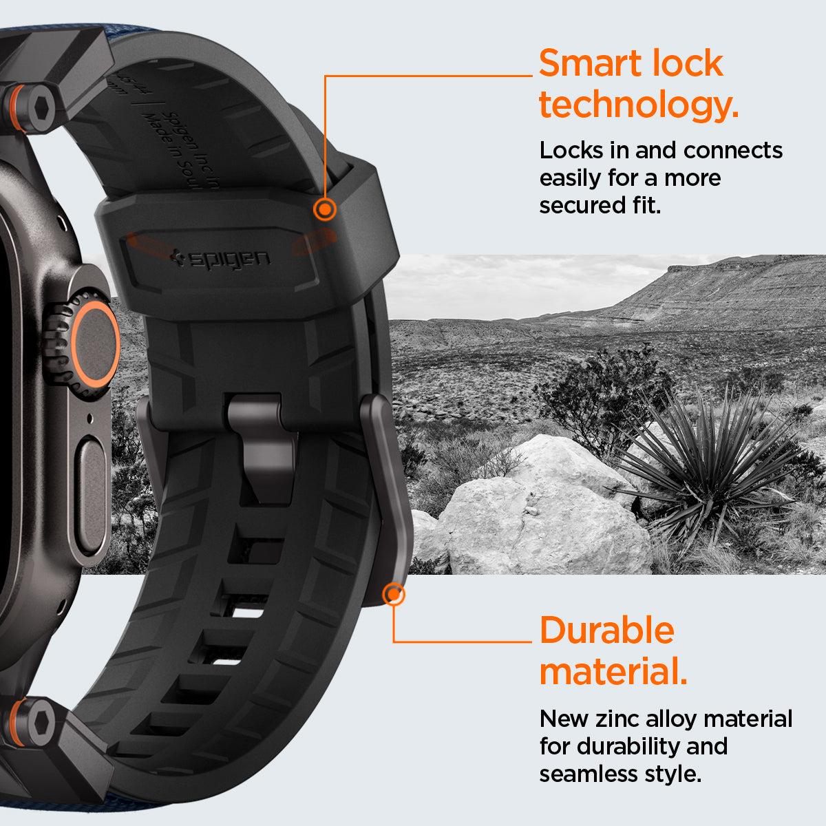 AMP09103 - Apple Watch Ultra (49mm) DuraPro Armor in Navy Blue locks in and connects easily for a more secured fit. New zinc alloy material for durability and seamless style.