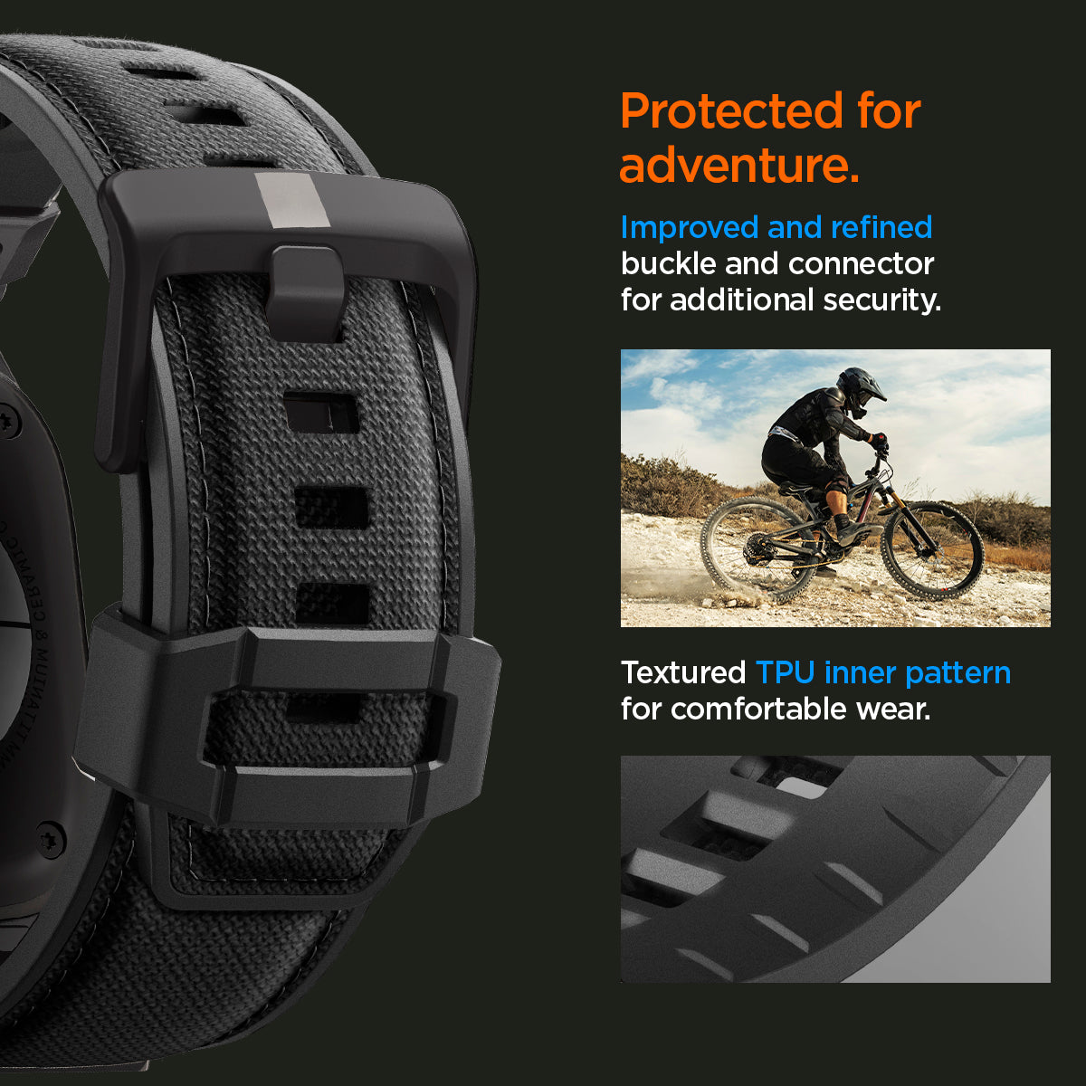 AMP09229 - Apple Watch Ultra (49mm) DuraPro Armor in Black Edition improved and refined buckle and connector for additional security. textured TPU inner pattern for comfortable wear.